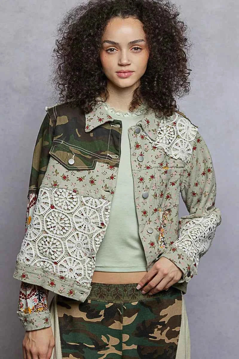 POL Floral Printed French Terry Jacket with Crochet Contrast OLIVE MULTI 1f9ac469-eb6f-4d04-9e9a-6d1a3b25b347-Max-Origin
