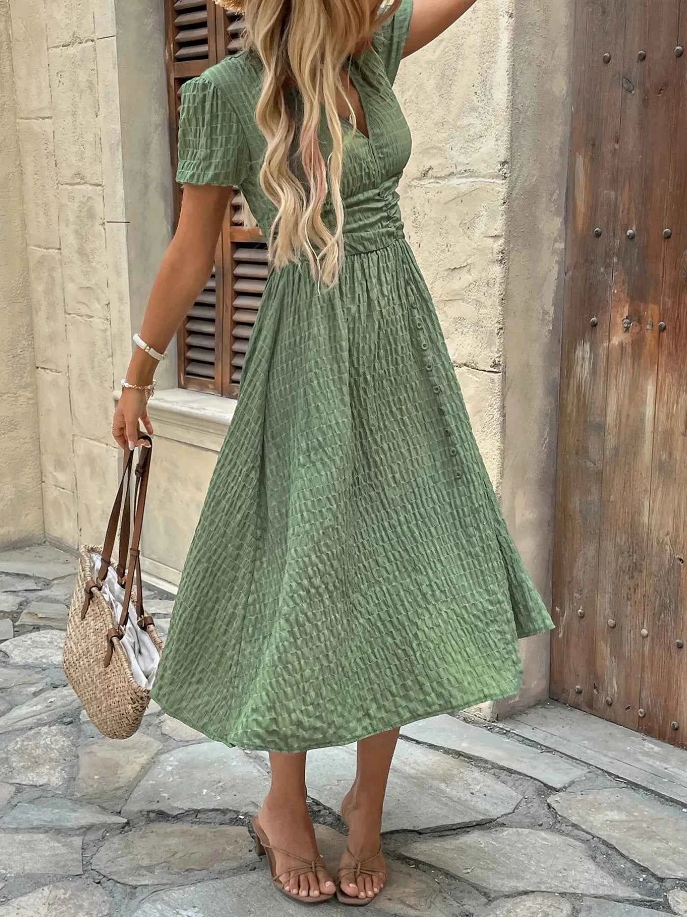 Textured V-Neck Short Sleeve Dress 1f9bc0b0-2acf-4eb2-ac12-d3ca3f3f6f93-Max-Origin