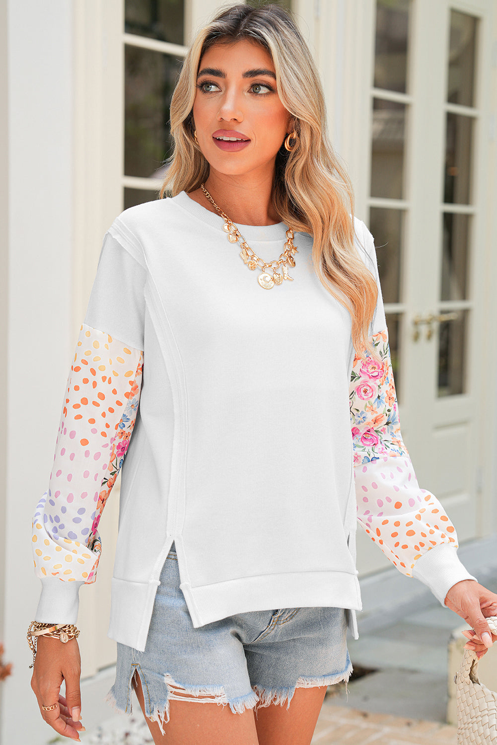 White Floral Dotted Print Patchwork Sleeve High Low Sweatshirt 1f9de5378d3948c5