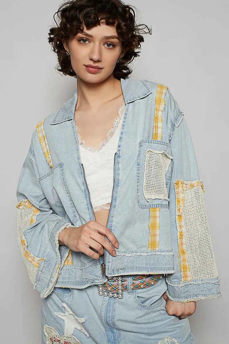 POL Raw Hem Zip Up Denim Jacket with Plaid and Crochet Patch Light Blue 1f9f0318-e107-4865-a04e-991c6b77a95c-Max-Origin