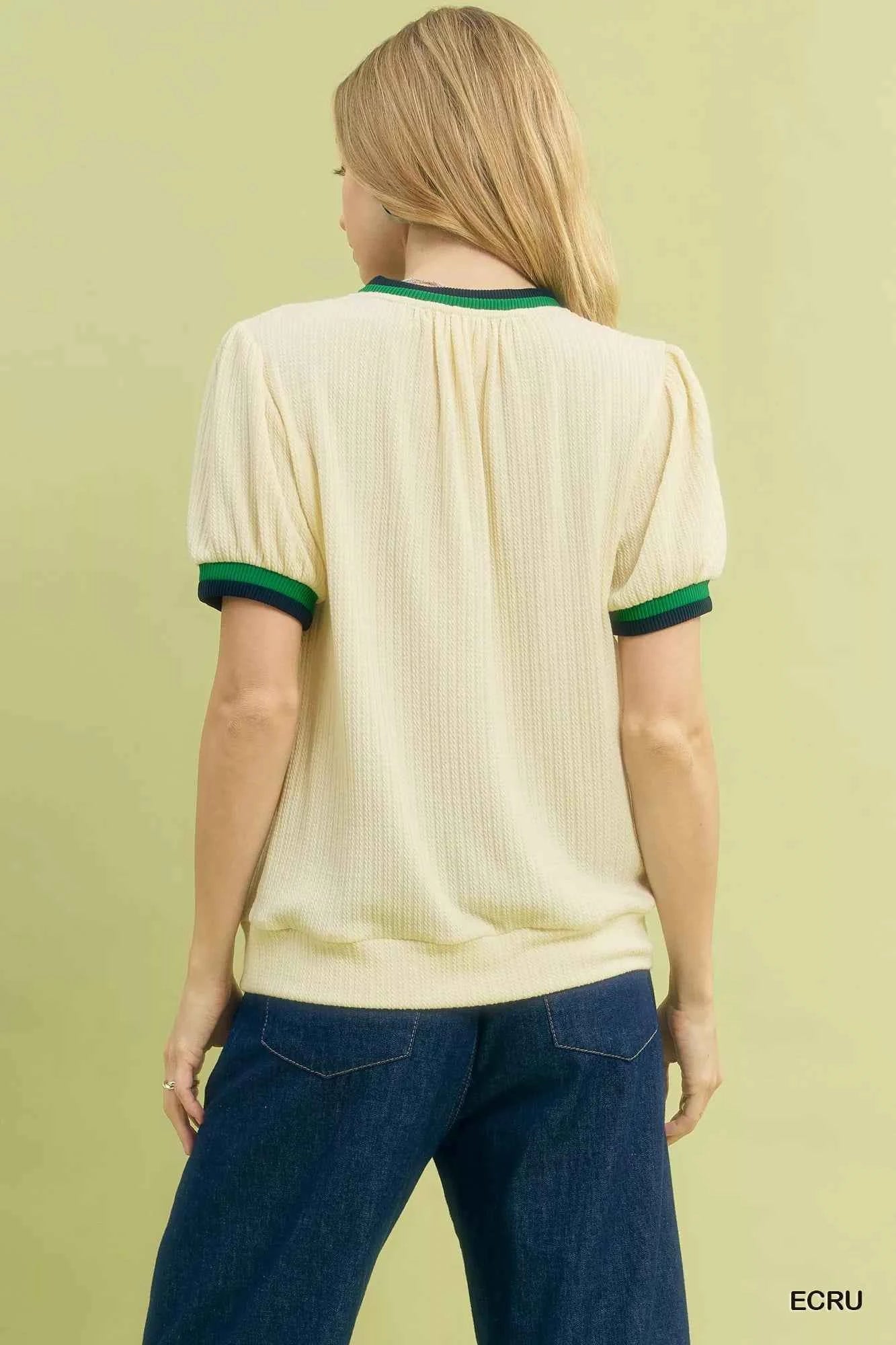 Puff Sleeve Knit Top with Contrast Rib Trim 1f9f24ad-c5b8-421d-a740-9443cc162f40-Max-Origin