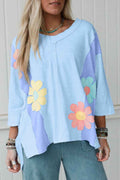 Light Blue Flower Patched Exposed Seam 3/4 Sleeve top Light Blue 65%Polyester+35%Cotton 1fa3a3f365e5d017