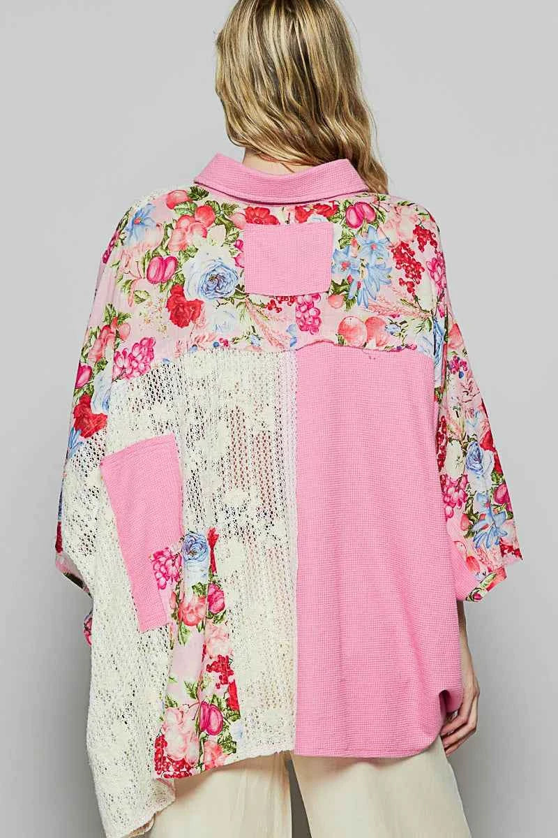 POL Thermal and Crochet Lace Mix Shirt with Floral Pattern