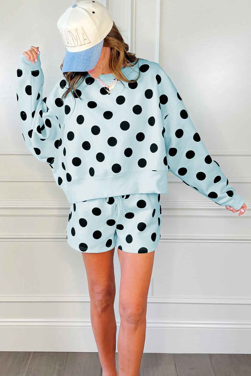Sky Blue Polka Dot Print Drop Shoulder Pullover Drawstring Shorts Set 1fb1891ed8e0b8e5