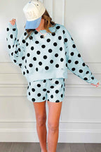 Sky Blue Polka Dot Print Drop Shoulder Pullover Drawstring Shorts Set 1fb1891ed8e0b8e5
