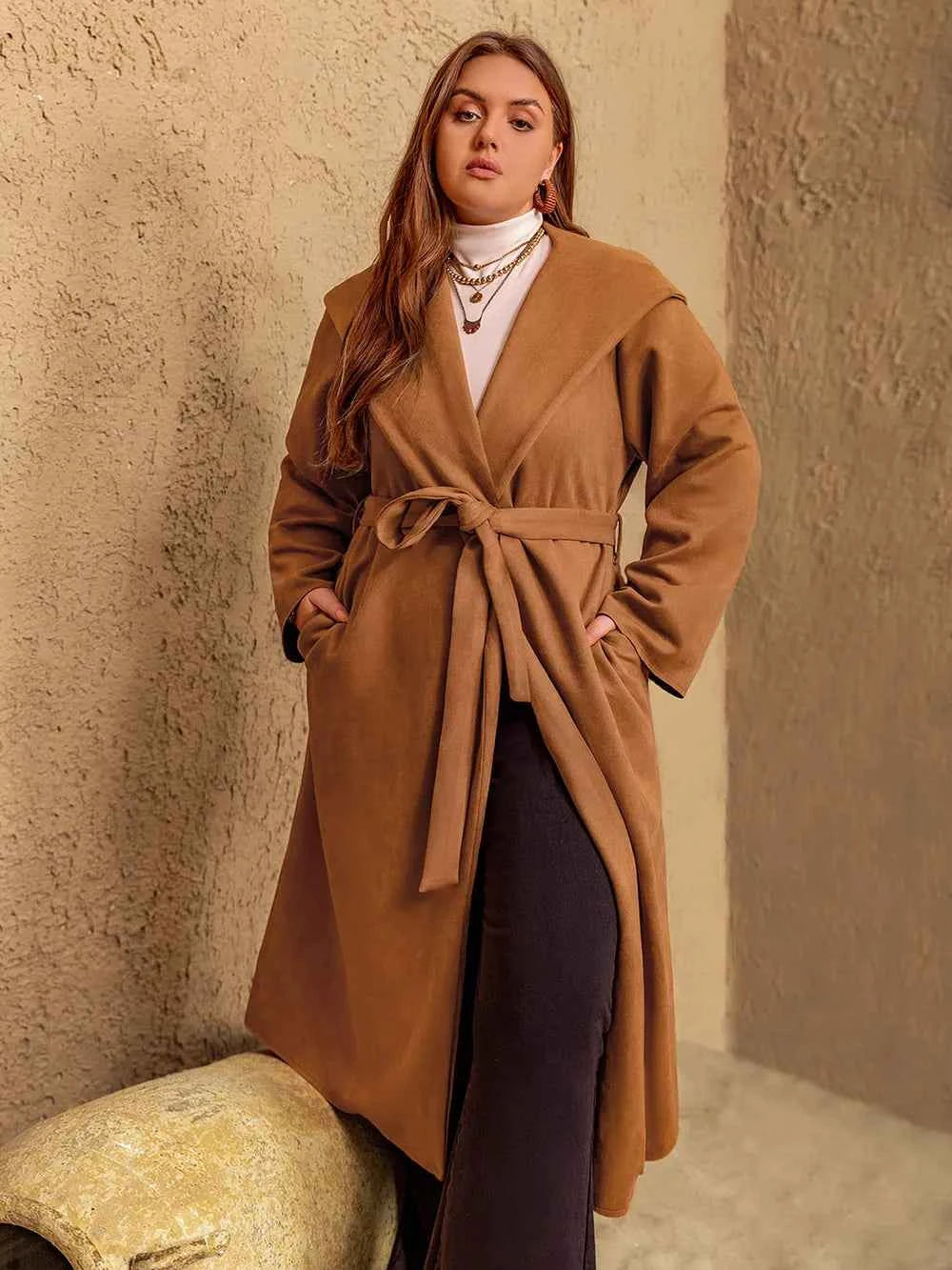Plus Size Tied Long Sleeve Hooded Coat with Pockets 1fb41998-8e98-4a25-a4da-6dd7bf77eec0-Max