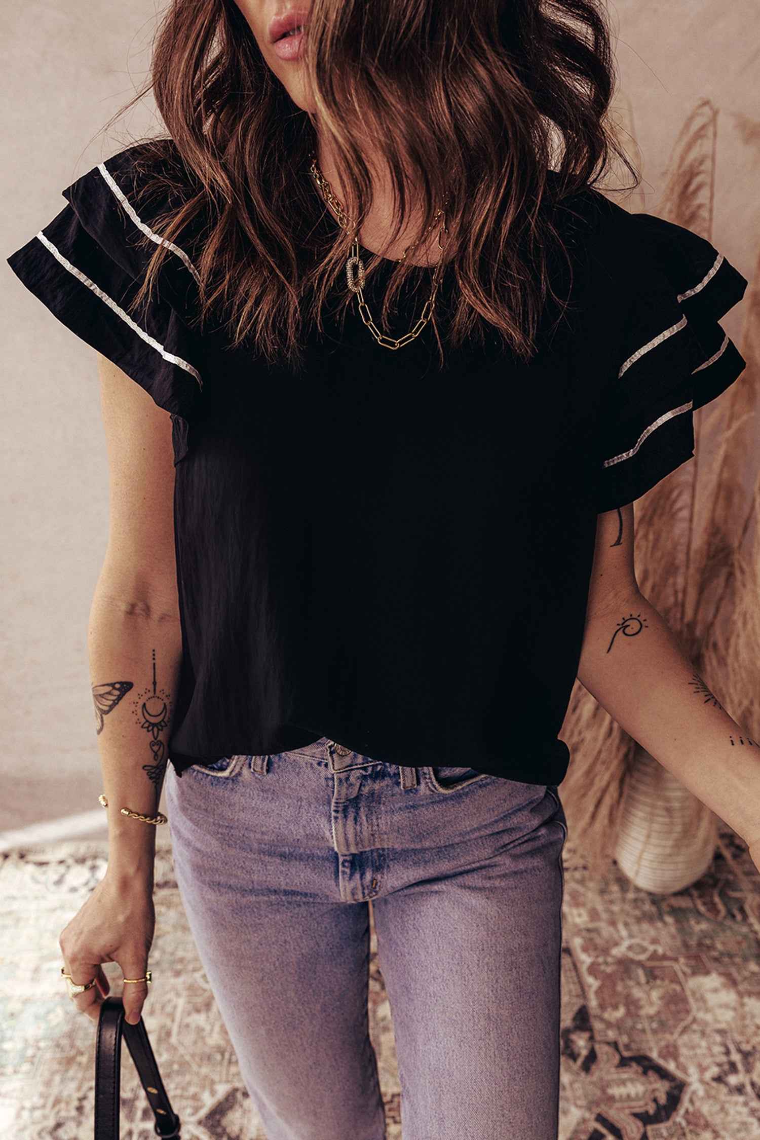 Black Contrast Trim Dual Ruffle Short Sleeve Textured Blouse 1fbe6c996c176d04