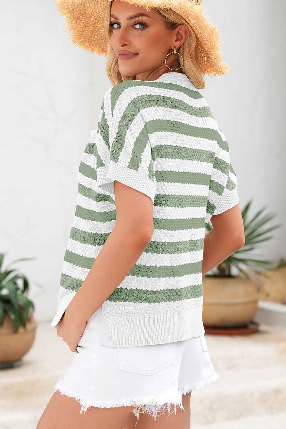 Green Stripe V Neck Short Sleeve Sweater with Side Slits 1fc3e262f94ab668
