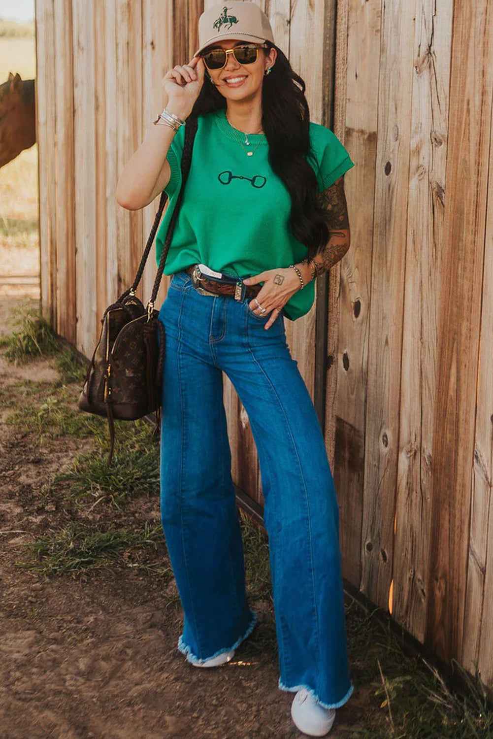 Bright Green Horse Bit Embroidered Short Sleeve Sweater 1fc6b3aa2d753caf