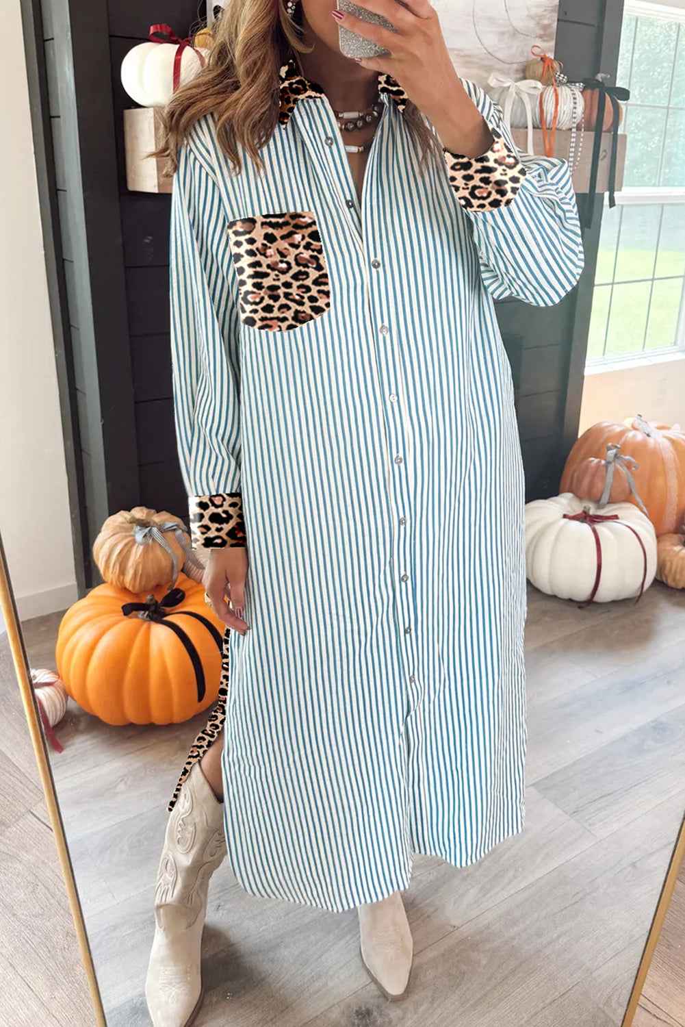 Brown Stripe Contrast Leopard Patchwork Shirt Dress Sky Blue Stripe 100%Polyester 1fca055d81dcc6f7