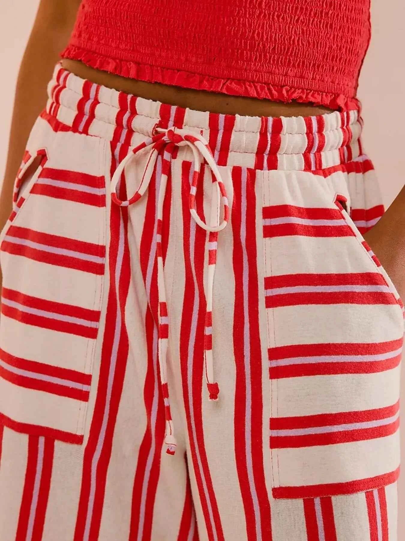 Striped Wide-Leg Drawstring Pants