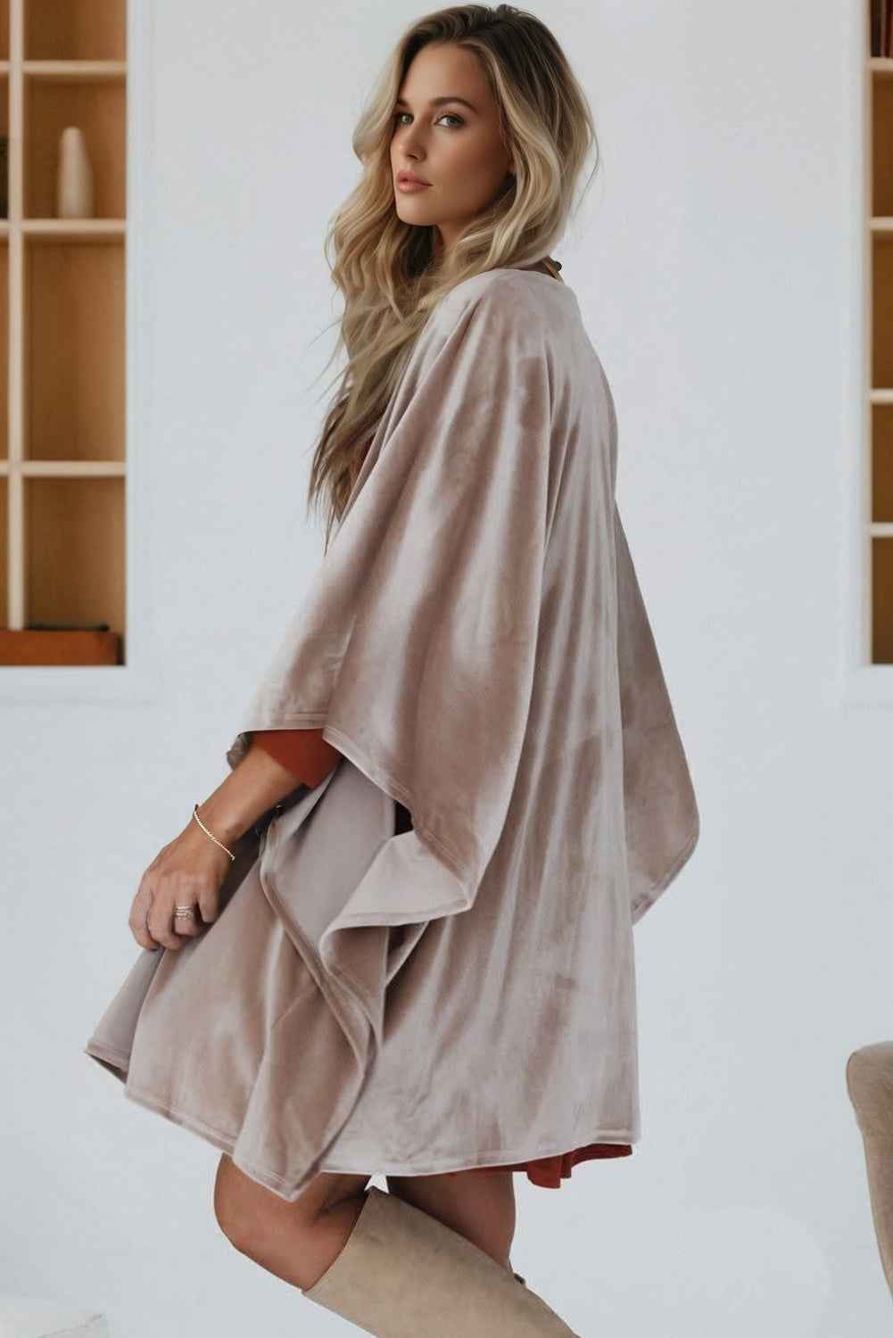 Smoke Gray 3/4 Sleeve Open Front Velvet Kimono 1fce49d8107edeeb
