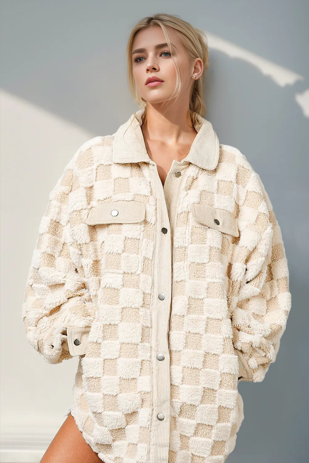 Double Take Button Up Fuzzy Checkered Shacket Cream 1fcf703f-b84c-4ee8-a062-d87e83baa759-Max