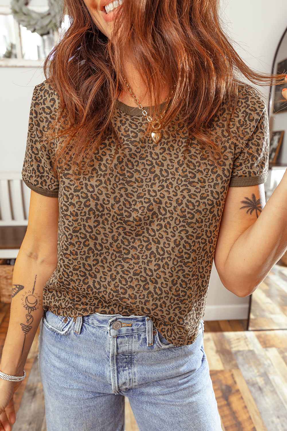 Khaki Fierce Leopard Crew Neck T Shirt Khaki 92%Polyester+8%Elastane 1fd91e341eb3cdb4
