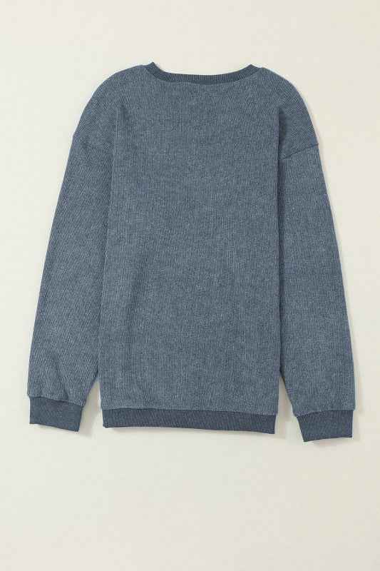 Solid Ribbed Knit Round Neck Pullover Sweatshirt 1fe29edf-0e01-4672-b834-0dc7ddaa178b