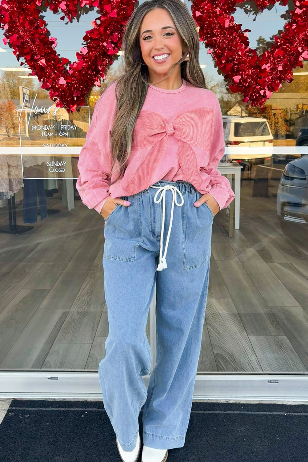 Bright Pink Mineral Wash Waffle Bow Patched Pullover Sweatshirt 1fe39c3827514fbd