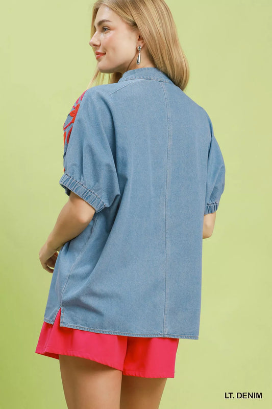 Embroidered Denim Puff Sleeve Top 1fea36dd-438e-4a0d-ac0c-21745b88e494-Max-Origin