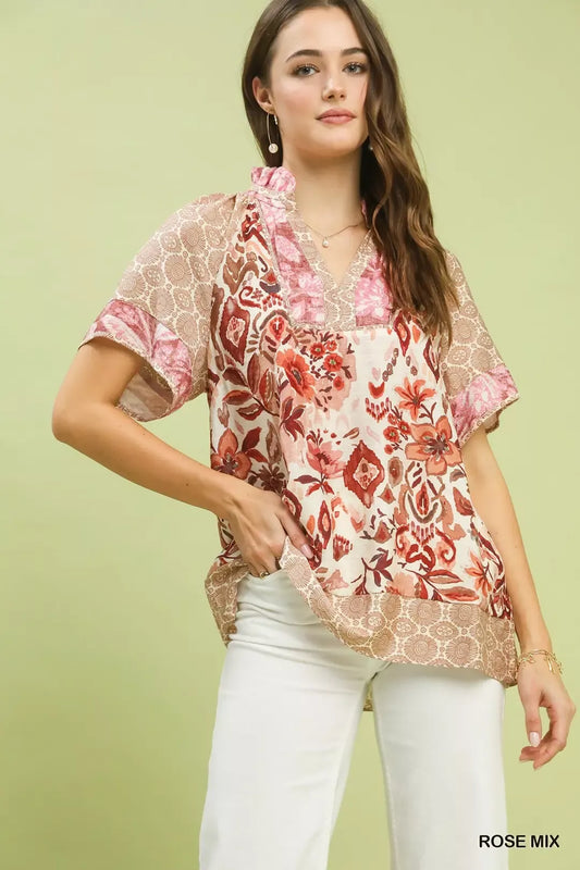 Mixed Print V-Neck Short Sleeve Top ROSE MIX 1feb58a0-016d-4f96-9bcd-8afbb4dcd900-Max-Origin