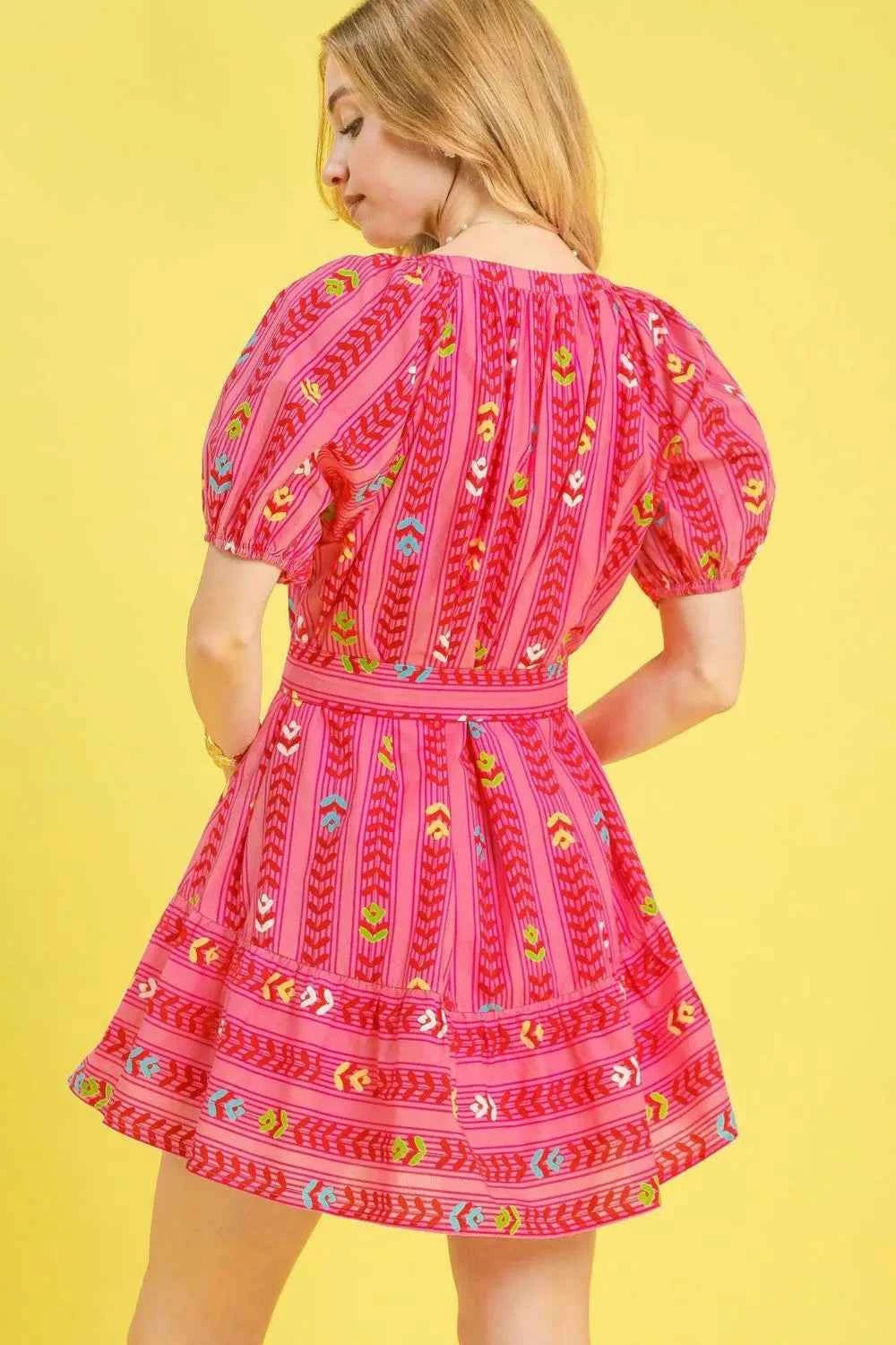 Umgee Printed Tie Waist Puff Short Sleeve Mini Dress 1fec057b-b6d7-467a-ab3c-966cace369c6-Max-Origin