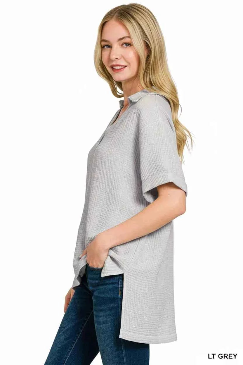 Zenana Double Gauze Short Sleeve High-Low Top 1feed414-075b-4f0c-8947-ed21e85f4cb8-Max-Origin