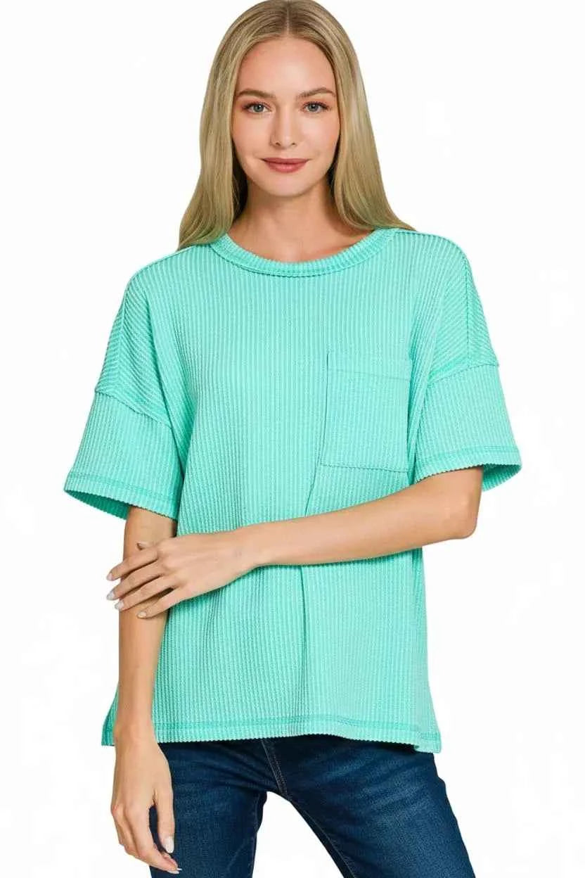 Zenana Raised Rib Exposed Seam Short Sleeve Top 1ff7bf82-2f89-4229-96e0-896b93680f81-Max-Origin