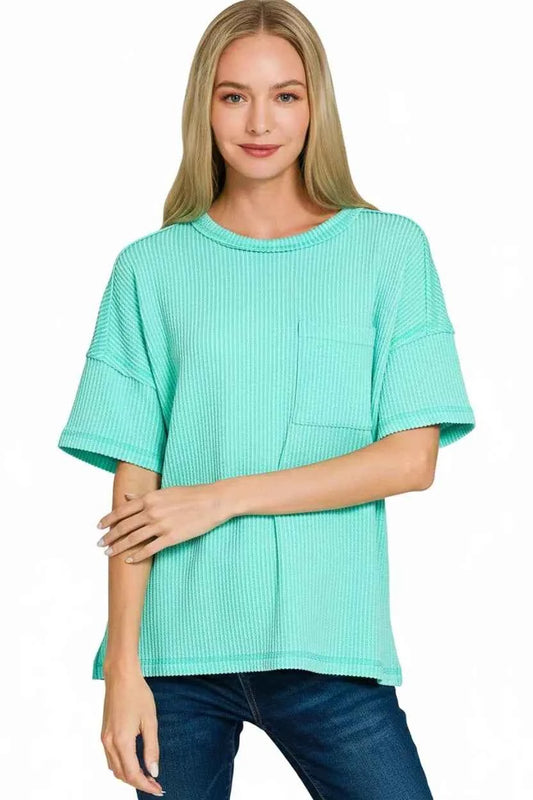 Raised Rib Exposed Seam Short Sleeve Top 1ff7bf82-2f89-4229-96e0-896b93680f81-Max-Origin