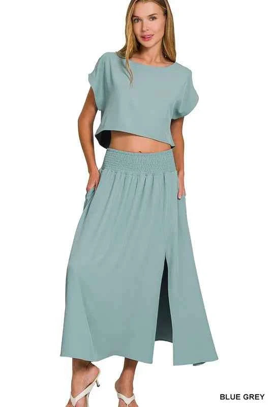 Zenana Heavy Woven Span Crop Tee & Skirt Set 1ff8cabf60214a8a9129ec57d2d29a60-Max-Origin