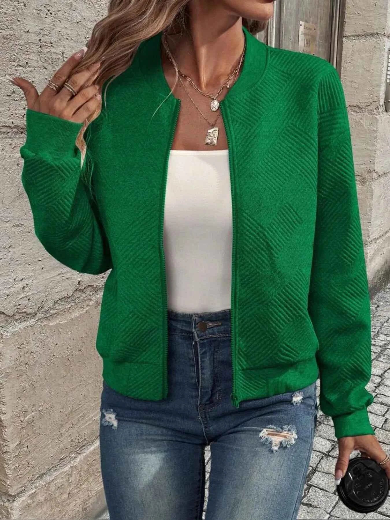 Zip-Up Textured Long Sleeve Jacket Green 2002acb74d9048939b785becefbabfee-Max-Origin
