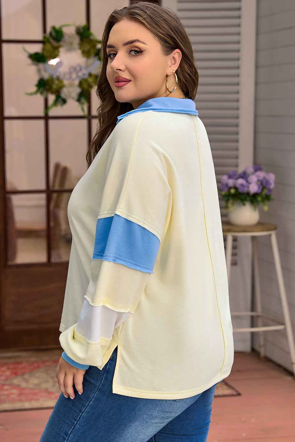Yellow Cream Raw Seam Color Block Patchwork Plus Size V Neck Pullover 2004ab0fcd871618
