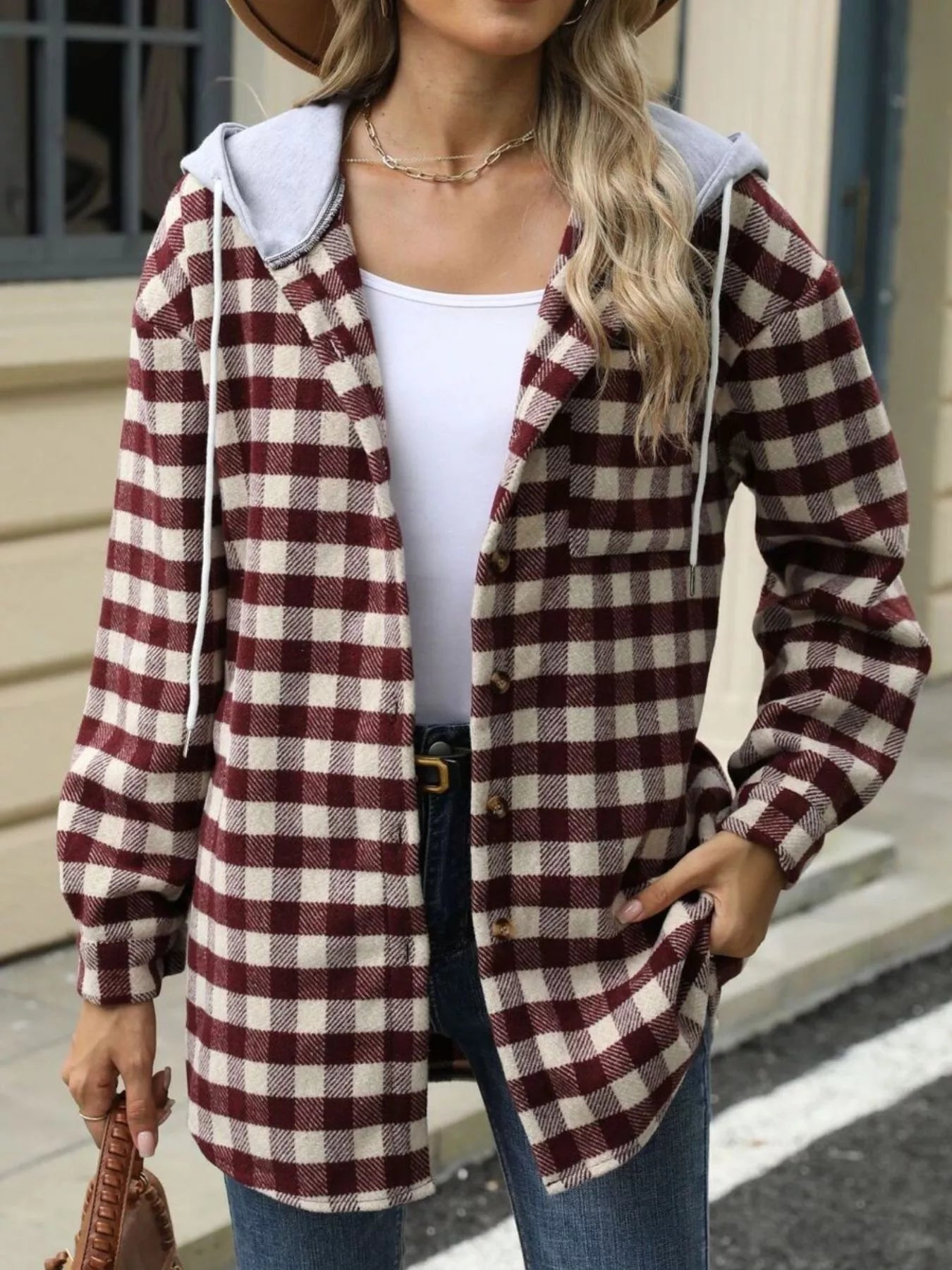 Plaid Button Up Long Sleeve Drawstring Hooded Jacket Wine Red 20078a85-9543-4e5f-a5ad-bbbbc6ce6f76-Max-Origin