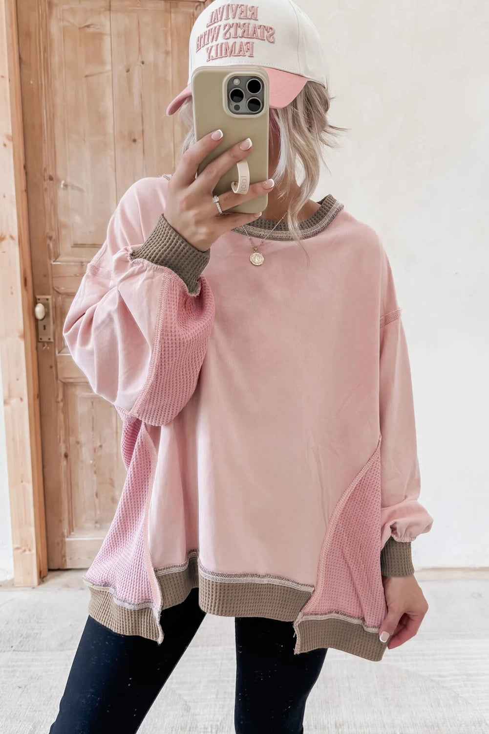 Smoke Green Colorblock Waffle Patchwork Oversize Sweatshirt 20094cb527d34157