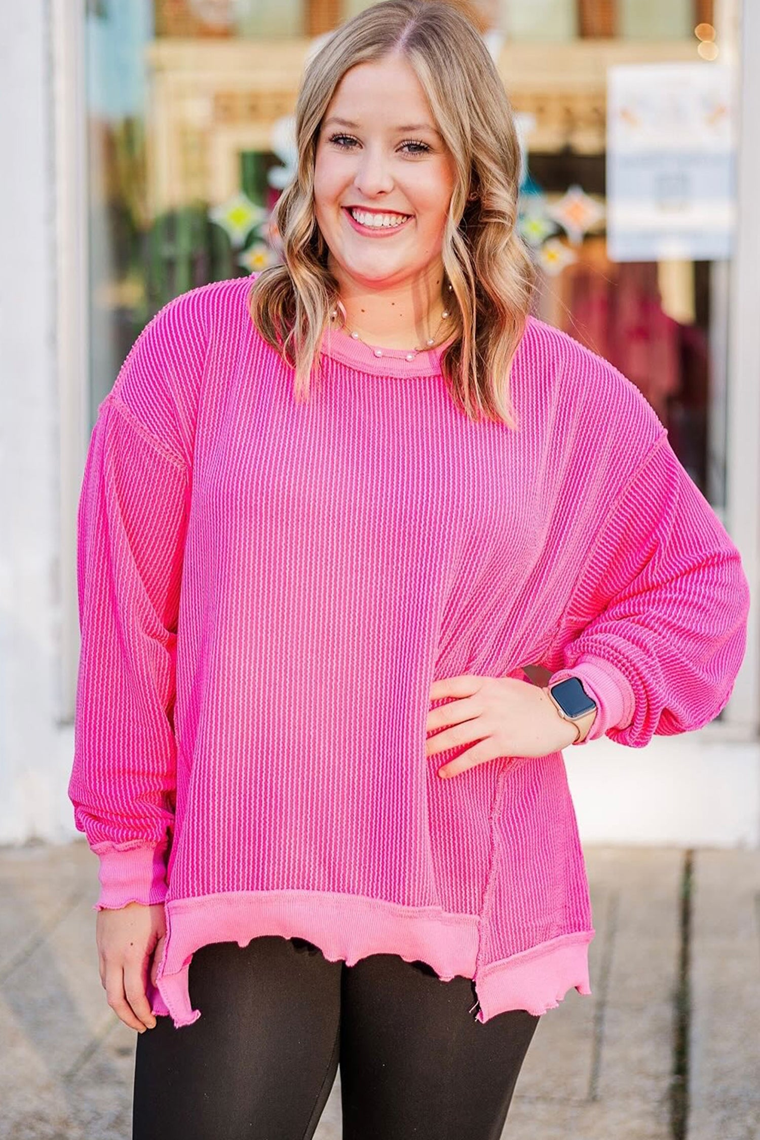 Rose Red Drop Shoulder Uneven Hem Plus Size Twisted Rib Top 200b02d413778bd7