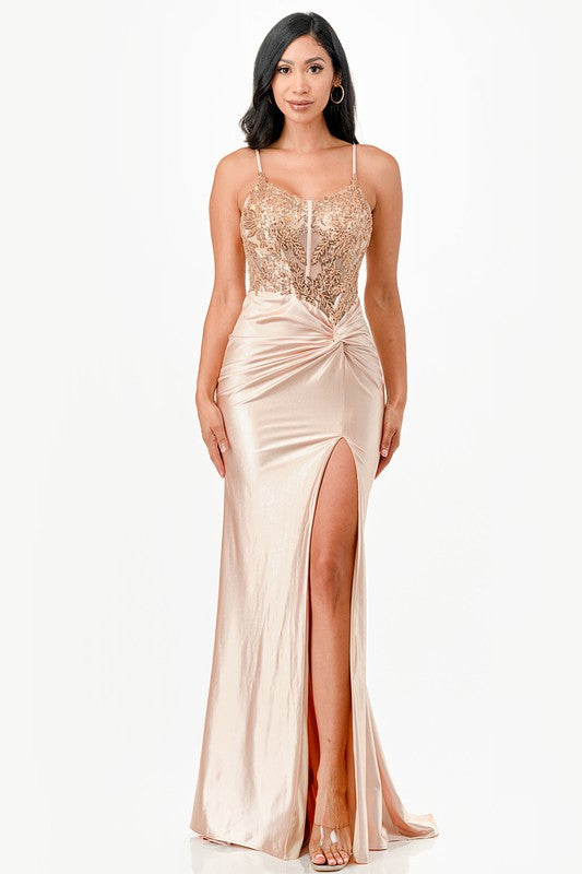 Sequin Lace Satin Evening Dress – Front Twist High Slit Party Gown Champagne 20143759_2dcdacdc-d4db-4864-85e9-bac45910aa71