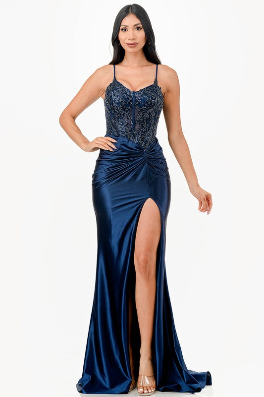 Sequin Lace Satin Evening Dress – Front Twist High Slit Party Gown Navy Blue 20143759_4ab2c3e9-5d6a-42a5-9d00-5f7ef8edd42d