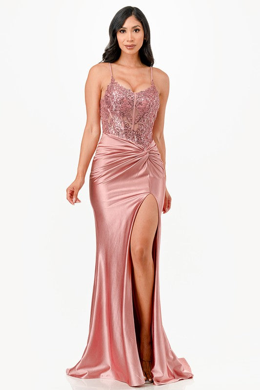 Sequin Lace Satin Evening Dress – Front Twist High Slit Party Gown Ash Rose 20143759_f0b548ed-ae12-46e0-a742-1b6843940174