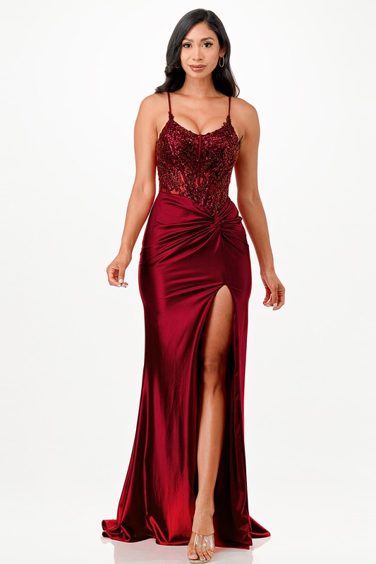 Sequin Lace Satin Evening Dress – Front Twist High Slit Party Gown Red 20143759_f7341aeb-e922-412b-9ded-5a73f61d8c78