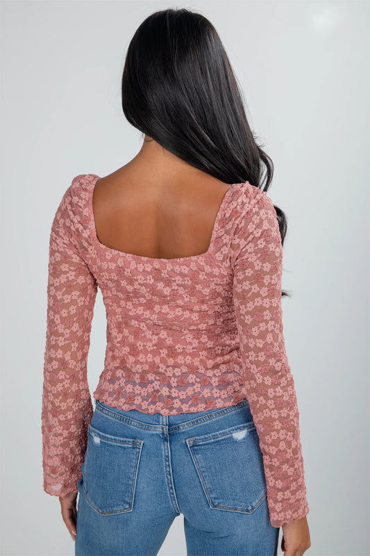 Peach Blossom Drawstring Knot Detail Floral Lace Blouse 20159d0bf038c717