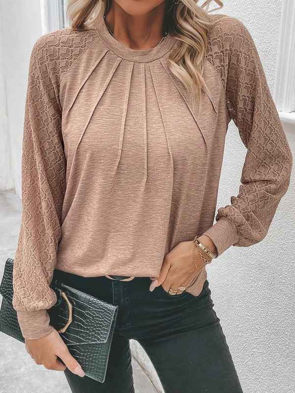 Contrast Lace Raglan Sleeve Plicated Top khaki SW25223233-P4016 20164780_1ccade29-cb3c-4ef6-9e98-8718557fd7ee