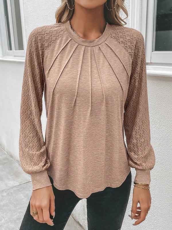 Contrast Lace Raglan Sleeve Plicated Top 20164780_9223b5bd-b2c7-46da-b632-bbd8562d4e82