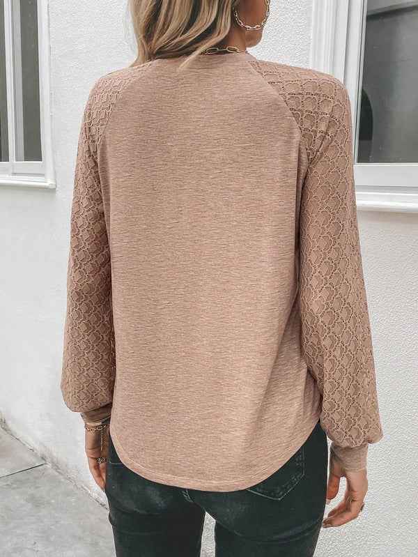 Contrast Lace Raglan Sleeve Plicated Top 20164780_9d0e6813-c24c-4d9e-a5a4-62e970e375ad