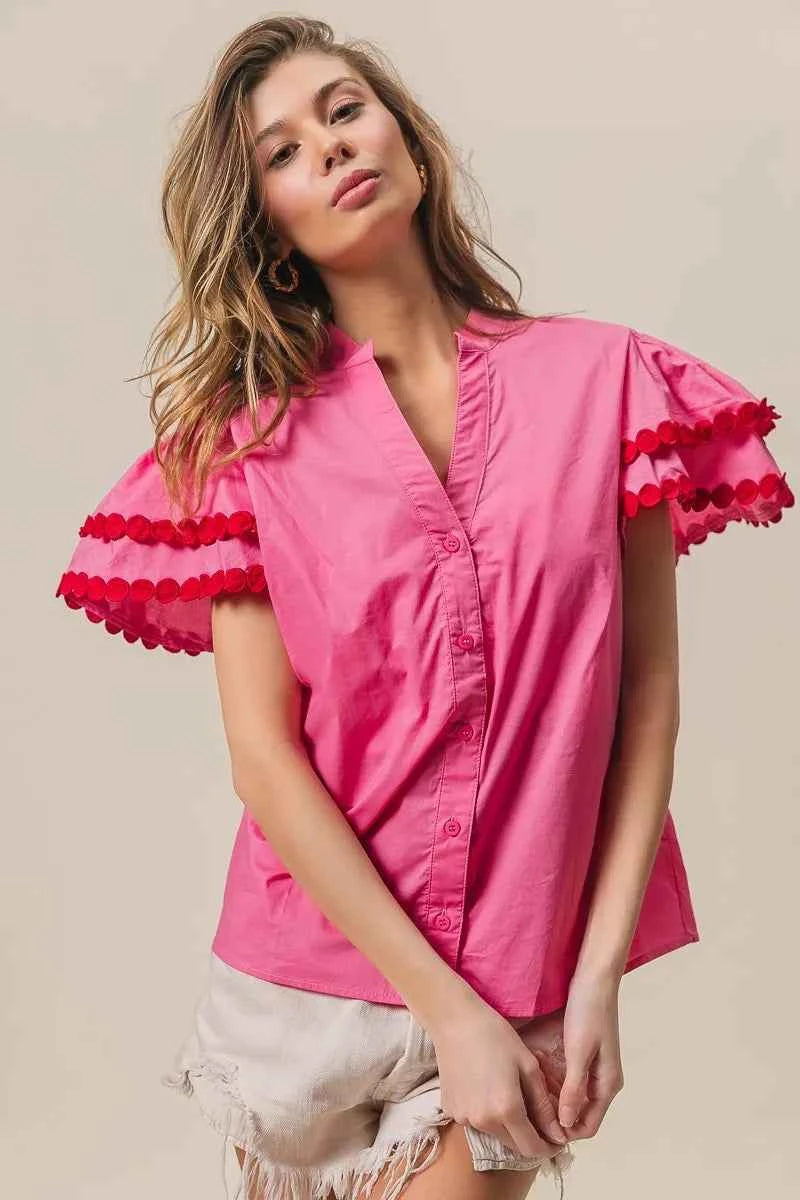 BiBi Dot Trim Flutter Sleeve Notched Top 201876fbbe65465fbc4c49033fdff265-Max-Origin