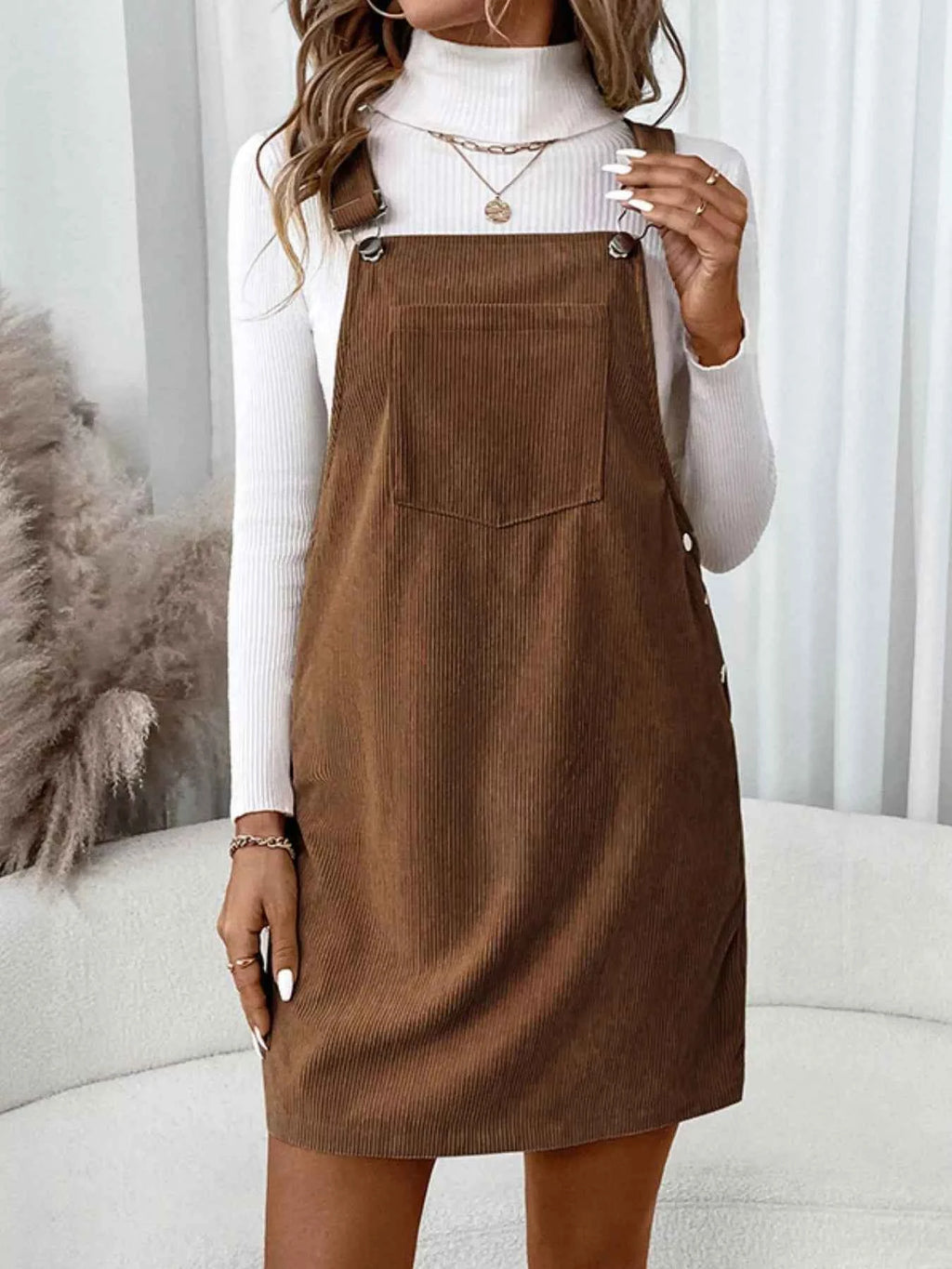 Corduroy Overall Mini Dress with Adjustable Straps Brown 201b2b3c-817d-4370-becf-38eb5fd9c3e5-Max-Origin