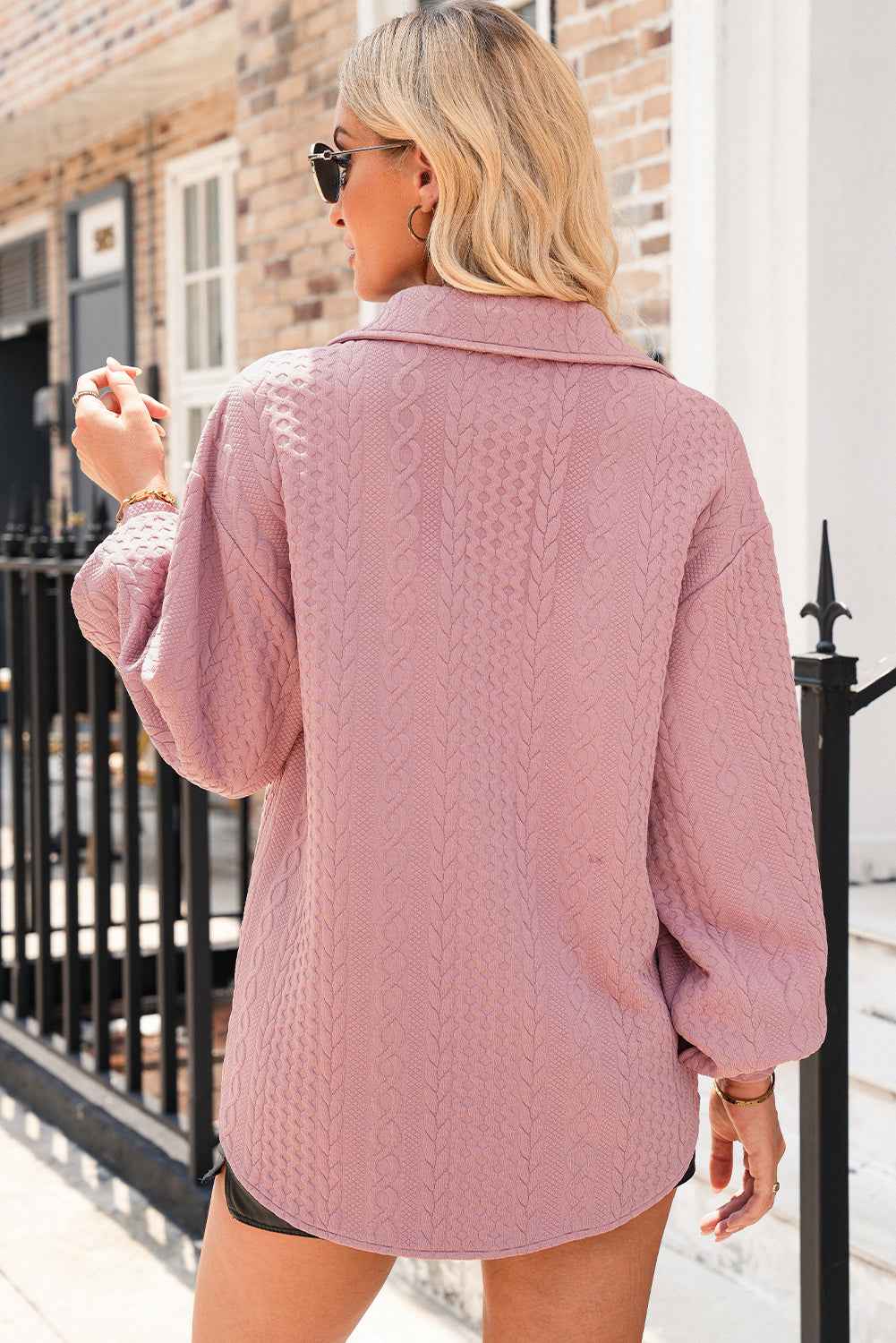 Sepia Rose Cable Texture Puff Sleeve Loose Shacket 201c3bf7aa8f4083