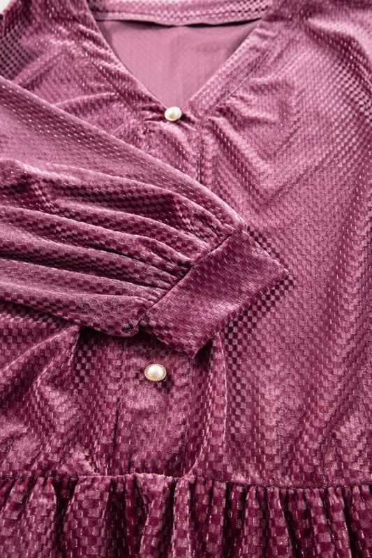 Plus Size Textured Velvet Buttoned Tiered Dress 201ccbce-e27c-40ef-b1ed-c9575774bc39