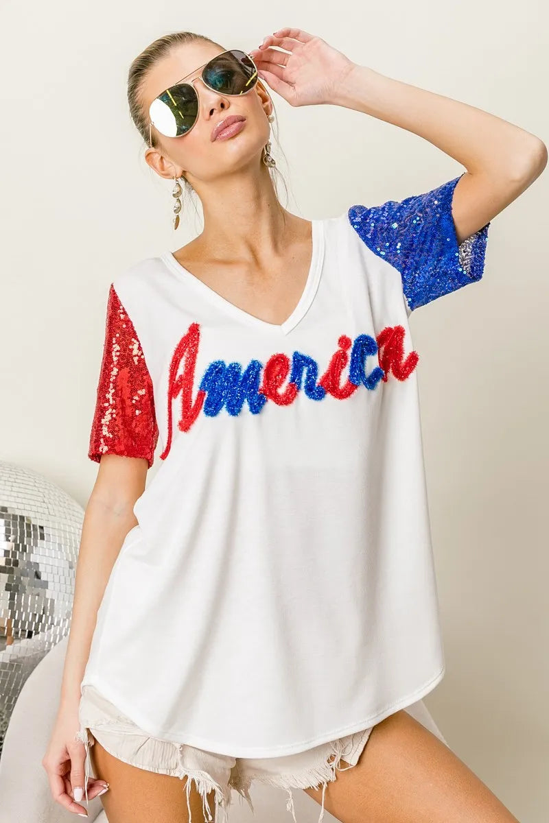 BiBi Metallic Letter V-neck Sequin Sleeves Top 201cdf43b6b145039d98e666bcf5c41e-Max-Origin