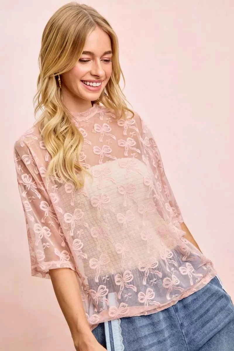 BiBi Bow Pattern Short Sleeves Boxy Mesh Top 201eb60bfc8e4965a09edcfa14b8852e-Max-Origin