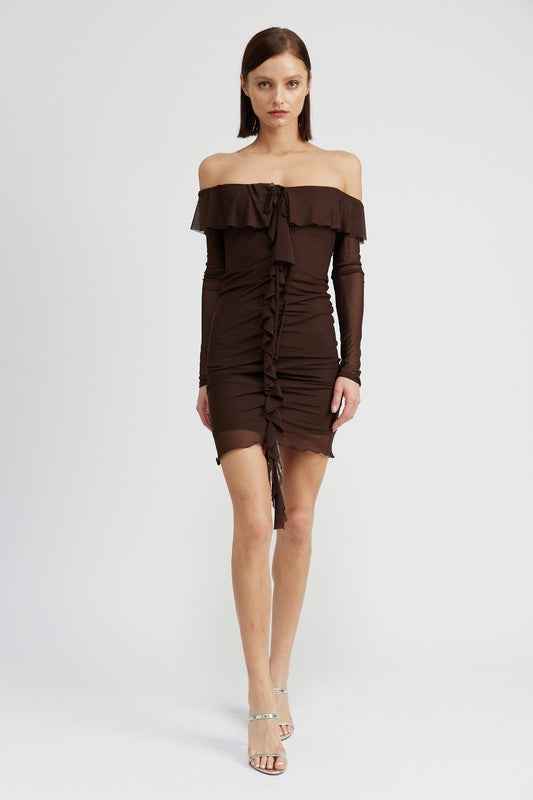OFF SHOULDER MINI DRESS WITH RUFFLE DETAIL CHOCOLATE 20230456_4b12d18f-4eb6-4a69-a351-07603b7a51d5