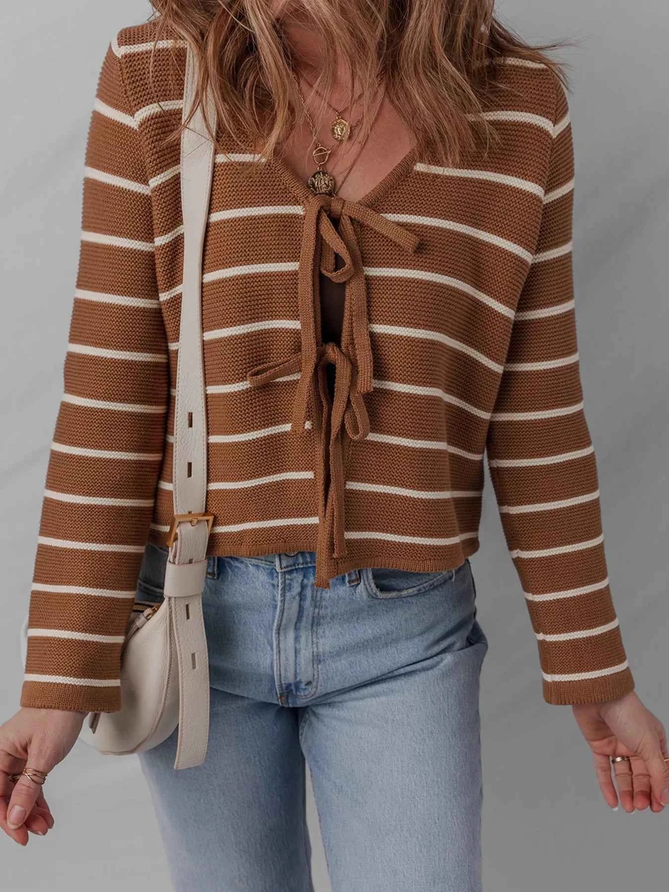 Tie Front Striped Knit V Neck Cardigan 2023a79459894e5a8c7061a0aca38503-Max-Origin