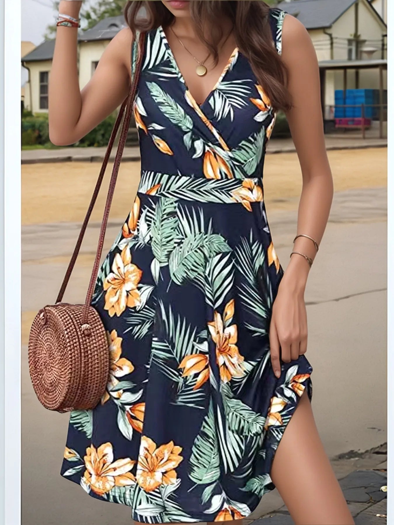 Printed Surplice Sleeveless Dress Gold 2026ee02-5b86-4d15-8e9e-aa10c774baac-Max-Origin
