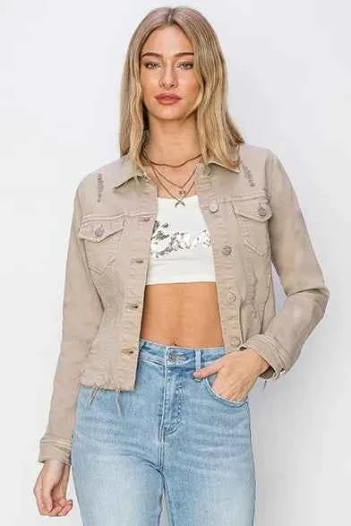 RISEN Full Size Raw Hem Button Up Cropped Denim Jacket Plus Size Khaki 20290b40-2cff-4e98-b90e-6bc798d021d0-Max